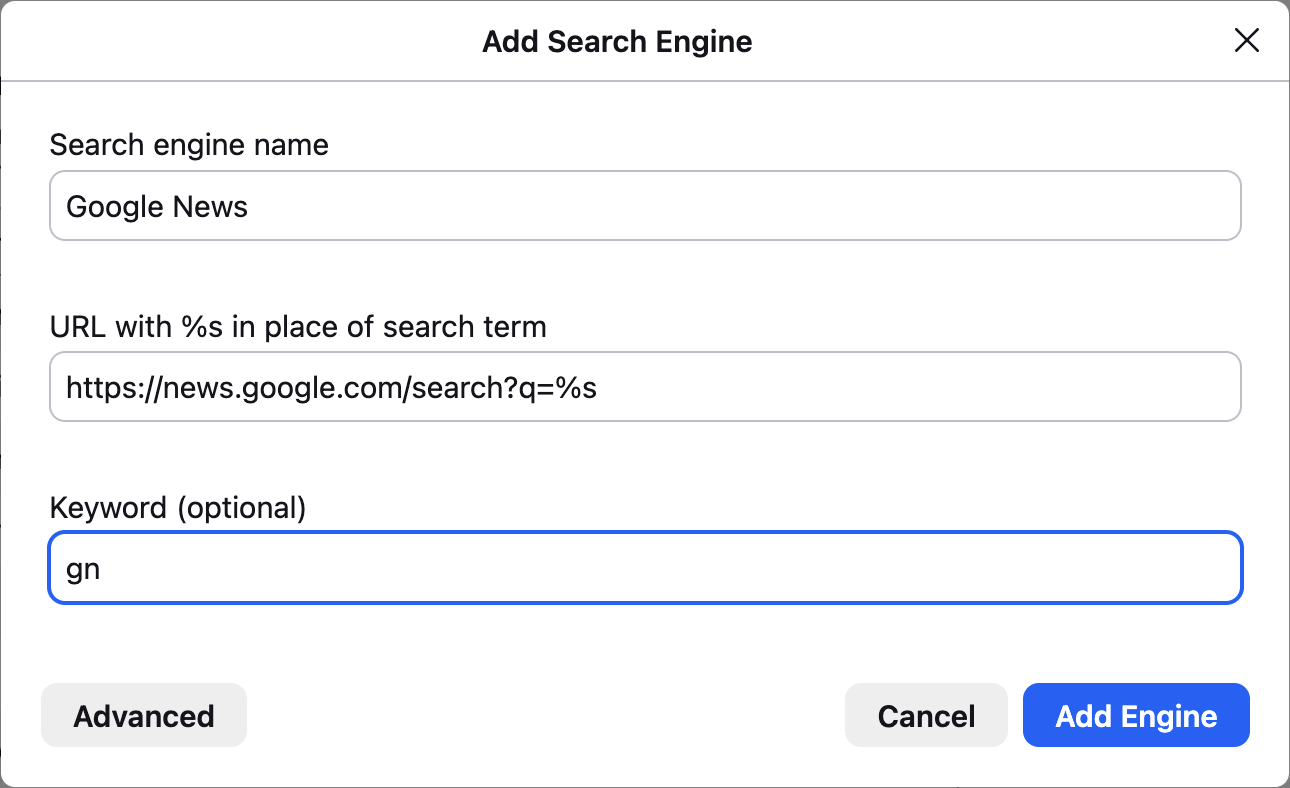 Screnshot of the Add Search Engine dialog in Firefox with fields pre-filled in.